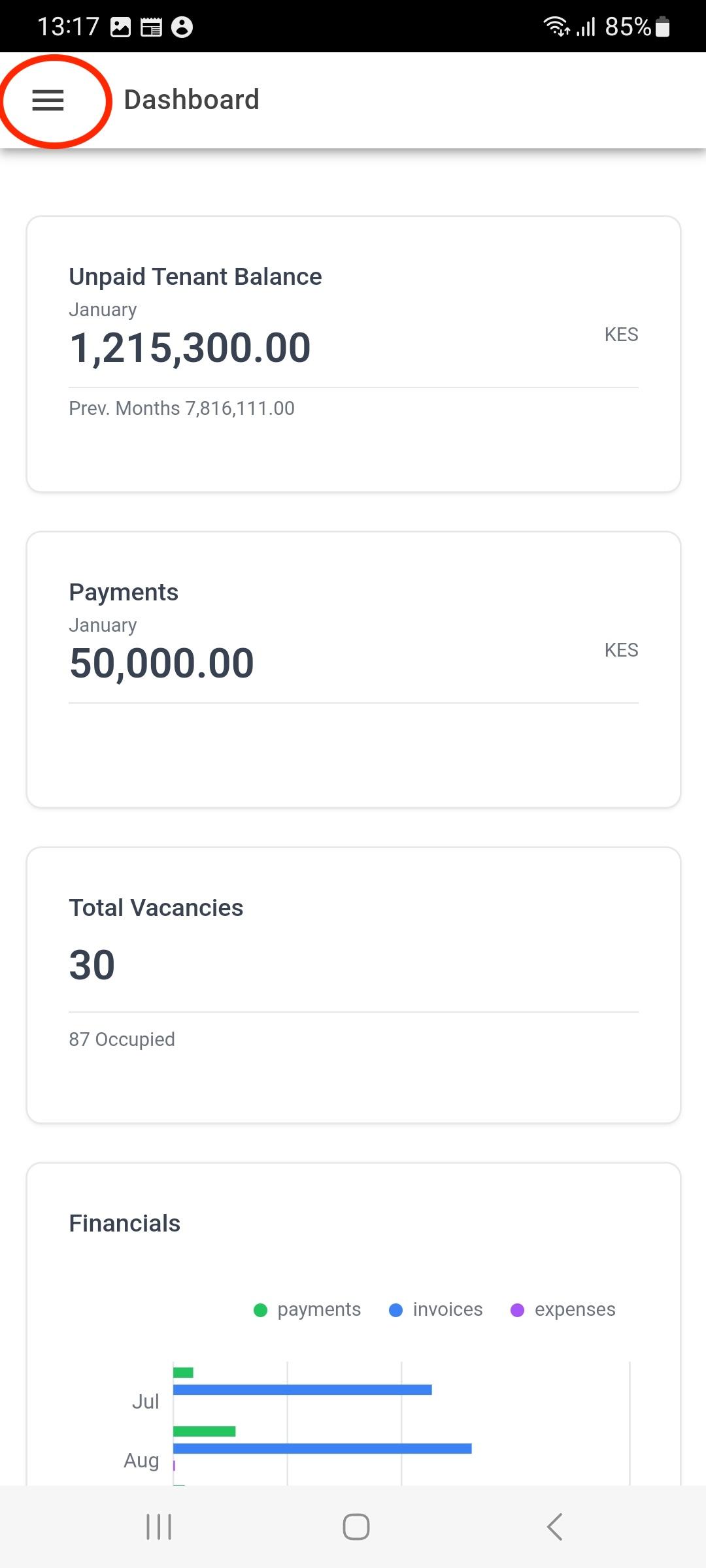 Bomahut dashboard with menu button