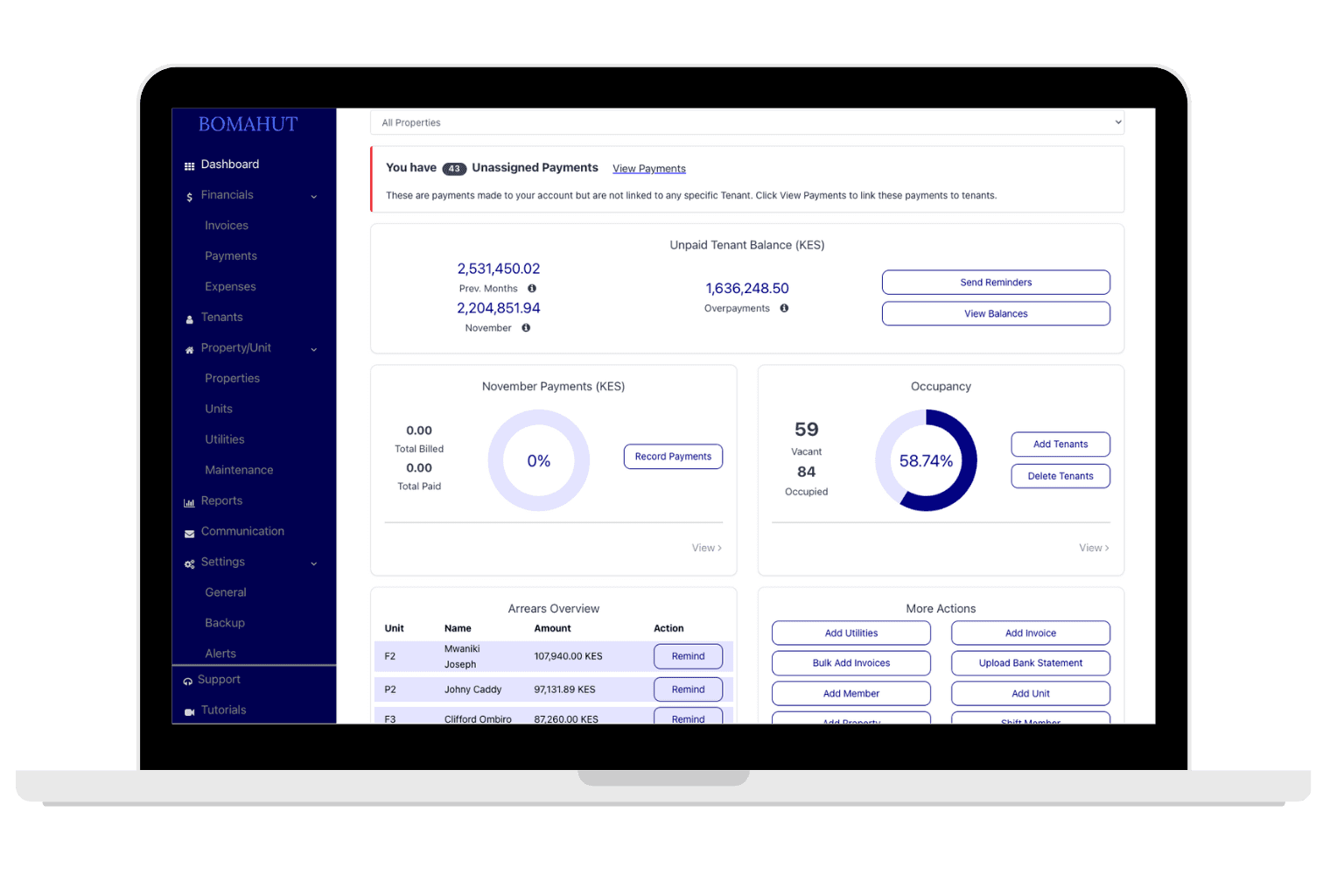 Bomahut property and unit management screen showing where to add a property